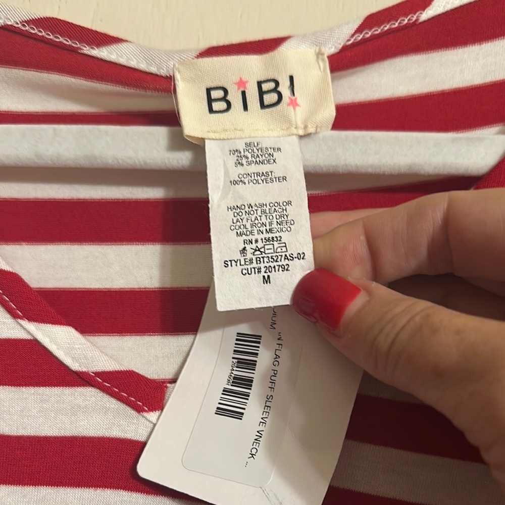 BiBi Red and White Striped Tee with Blue Star Sleeve - Picture 2 of 3